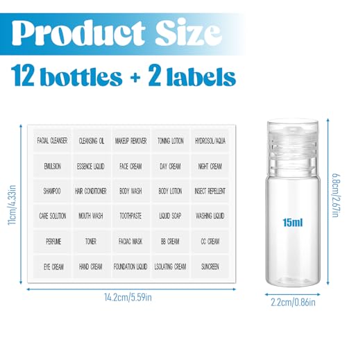 12 Piece 15ml/0.5oz Small Travel Tube Bottles Travel Size Make up Sample Containers Leak Proof Clear Plastic Mini Cosmetic Bottles Refillable Empty Lotion Squeeze Bottle for Liquid Toiletries Cosmetic
