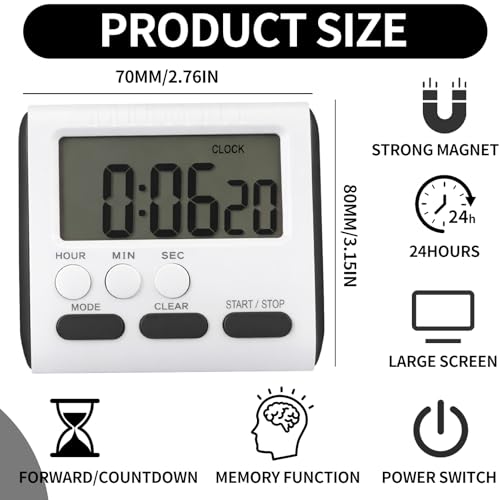 Mudder 12 Pack Digital Kitchen Timer for Cooking, Large Digits, 24 Hour Magnetic Backing Stand Kitchen Timers Clock for Classroom Kids Teachers, Loud Alarm and Large Screen (Black) - color: Black