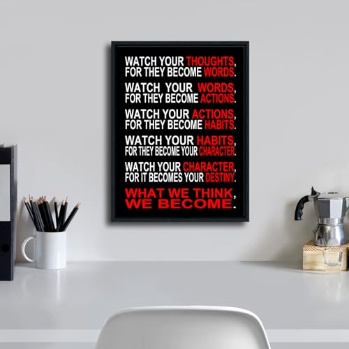 Pyradecor Black Framed Canvas Wall Art Inspirational Poster Office Positive Quotes Watch Your Thoughts Motivational Classroom Artwork for Living Room Home Decorations - color: Black and white and red, size: 16.7"L x 12.8"W