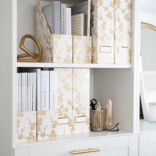BLU MONACO | Set of 4 Foldable Magazine Storage Boxes with Gold Floral Pattern | Decorative Vertical File Organizers with Gold Label Holders for Desk, Shelves & Home Office - color: Floral Gold