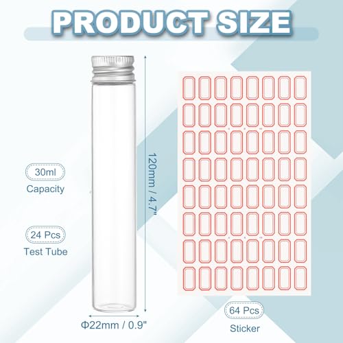 PATIKIL 30ml Test Tubes with Caps, 24Pcs 22x120mm Glass Clear Flat Bottom Test Tube Containers with Plastic Cap for Bead Party Candy Bath Salt Storage Scientific Experiment Plant(Silver) - color: Silver, size: 22x120mm