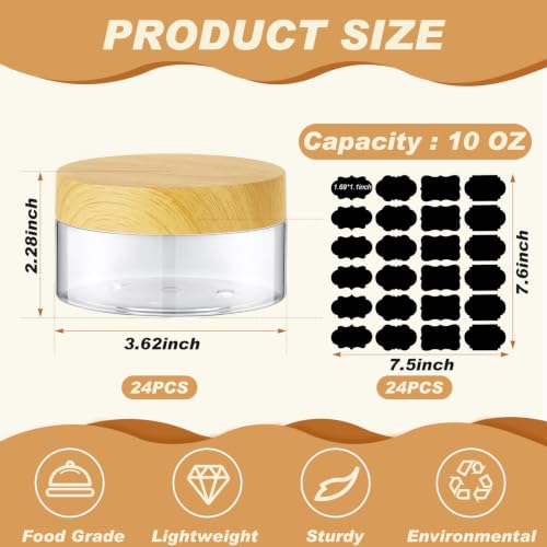 24 Pack 10 oz Clear Cosmetic Lotion Jars, Light Wood Grain Lids & Labels - color: Clear with Light Wood Lid, size: 10 oz