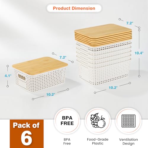 Ohmlove 6 Pack Plastic Storage Baskets with Bamboo Lids for Organization - color: Cream White