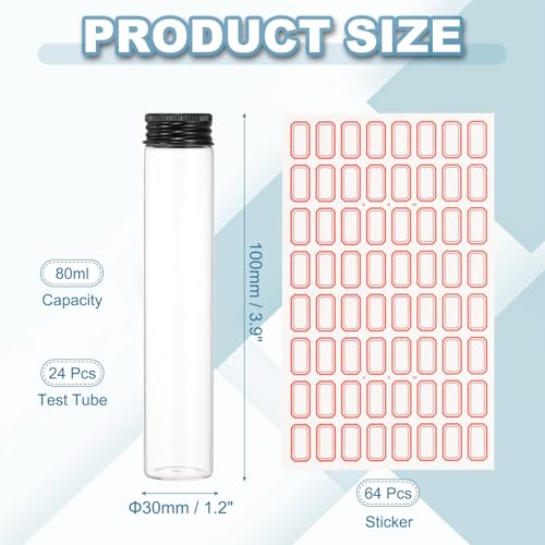 PATIKIL 80ml Test Tubes with Caps, 24Pcs 30x150mm Glass Clear Flat Bottom Test Tube Containers with Plastic Cap for Bead Party Candy Bath Salt Storage Scientific Experiment Plant(Black) - color: Black, size: 30x150mm