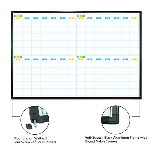 Lockways 36" x 24" Magnetic Dry Erase Calendar Whiteboard, 4 Month Framed White Board Planner, Wall Mounted Message Presentation Memo Calendar Board - color: Silver, size: 36 x 24-4M