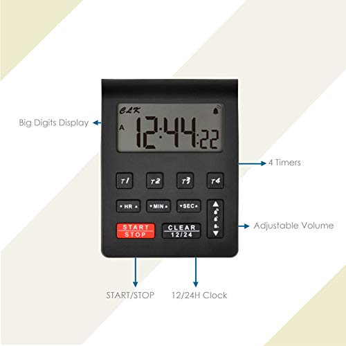 Digital Desk Timer with 4 Count-Down/Count-up Trackings,12 or 24 Hours Clock Display,Buzzer Alarm Reminder for Kids and Adults,Time Management for Workout Study Piano Practise (Black) - color: Black