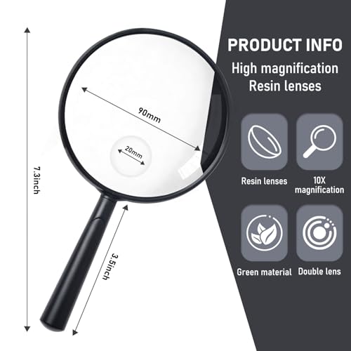 Feosky Handheld Reading Magnifier, 10X Magnifier, 90mm Shatterproof Lens, Adults Close Work Non-Slip Handle for Seniors Reading and Nature Exploration(Black) - color: Black, size: 90mm
