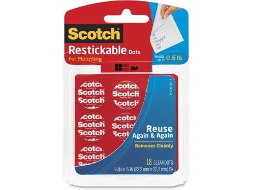 Scotch Restickable Dots, 7/8-in, 18 Count, Clear Double-Sided Mounting Pre-Cut Dots, Remove Cleanly, Mount Objects on Stainless Steel, Plastic & More, Photo-Safe Adhesive, Mess-Free Application (R105) - size: 7/8" Dots, style: 18 Count