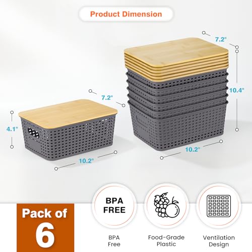 Ohmlove 6 Pack Plastic Storage Baskets with Bamboo Lids for Organization - color: Gray