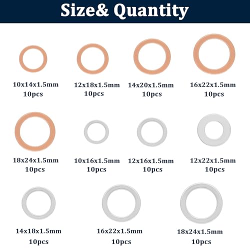 110pcs Oil Drain Plug Crush Washer Gasket Seal Assortment 50pcs Cooper and 60pcs Aluminum Oil Plug Washers-10mm 12mm 14mm 16mm 18mm O-105 - size: 110