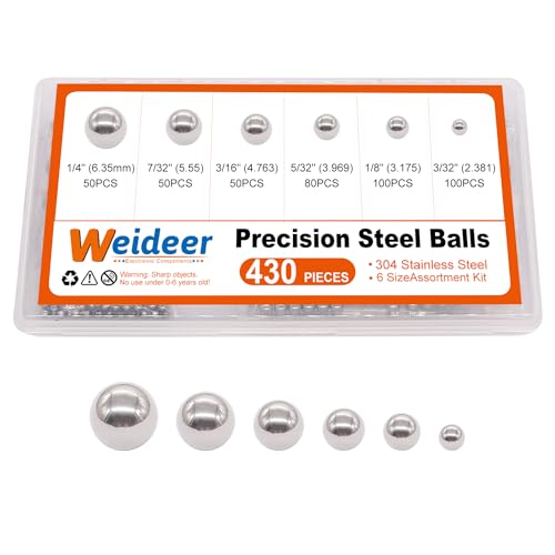 weideer 430pcs Stainless Steel Precision Steel Balls Bicycle Bearing Balls Metal Mixing Balls Assortment Kit 1/4" 7/32" 3/16" 5/32" 1/8" 3/32" K-086-430 - size: SS 6size 430PCS SAE