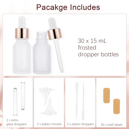 30 Pack 15ml Frosted Glass Sample Dropper Bottles, Rose Golden Caps - color: Frosted, size: 15mL-30pcs