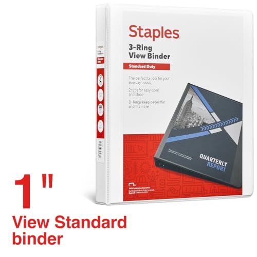 Staples 1" 3-Ring View Binder, D-Ring, White, 4/Pack - color: White, size: 1-Inch, style: 4 Pack