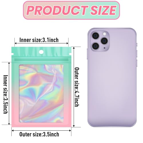 Funfery 100 Pack Gradient Holographic Bags,Mylar Resealable Bags with Zipper,Clear Window Packaging Pouchs,Smell Proof Foil Bag for Food Storage,Sample Jewelry Bag(3.5x4.7In,Green Pink) - color: Green Pink, size: 3.5x4.7 Inch