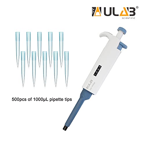 ULAB Single Channel Pipettor with Pipette Tips Offered, 1pc of Adjustable Volume Micro Pipette with Vol.Range.100-1000μl, 500pcs of Vol.1000μl Pipette Tips in Blue Color, ULH1021 - style: 100-1000μl & 500 Tips