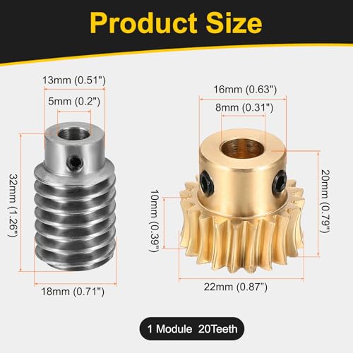 uxcell Worm Gear Set Right Rotation 20T 1 Module 20:1 Reduction Rate - size: Gear-8mm, Worm-5mm Bore, style: 1M-20T