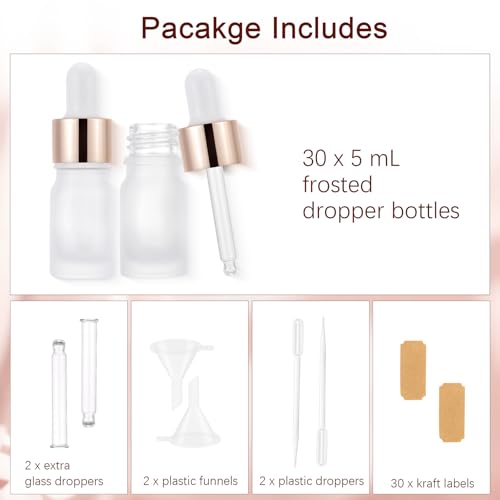 30 Pack 5ml Frosted Glass Dropper Sample Bottles, Rose Golden Caps - color: Frosted, size: 5mL-30pcs