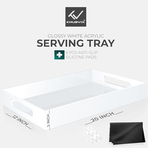 White Tray 20×12" with Cut Handles - Spill Proof Decorative Tray is an Ideal Countertop Organizer for Living Rooms, Ottoman Coffee Tables, Offices, Kitchens & Serving Guests - color: White, size: 20" x 12" x 2"