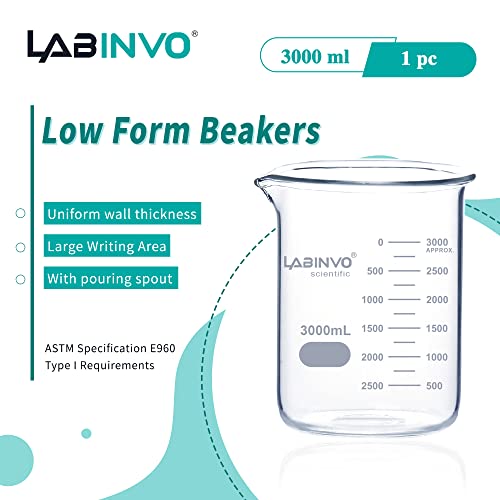 Low Form Double Scale Graduated Glass Beaker, Vol.3000ml, 3.3 Borosilicate Glass Set, IN-BKL3000 - size: 1 PC of 3000 mL