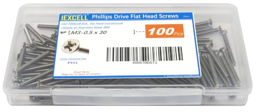iexcell 100 Pcs M3 x 30mm Thread Pitch 0.5 mm Stainless Steel 304 Phillips Drive Flat Head Countersunk Screws Bolts, Bright Finish - size: M3 x 30mm