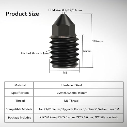 Hardened Steel Nozzles Kit for Bambu Lab X1/P1 Series, 0.2/0.4/0.6MM High-Hardness Steel & Wear Resistant Nozzles Silicone Sock for X1/X1C/X1E/P1P/P1S/ Upgrade Kobra 3/Kobra S1/Adventurer 5M - style: Nozzles & Silicone Sock