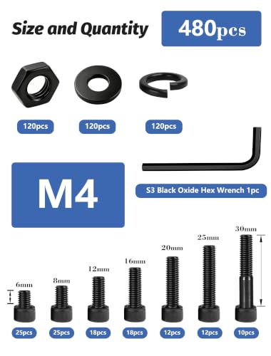 480PCS M4 Screws Assortment Kit, 12.9 Grade Alloy Steel Socket Head Cap Screws with Hex Nuts, Flat & Spring Lock Washers, Metric Bolt Set S3 Hex Key Included, Black Oxide, for 3D Printing - size: M4 480pcs