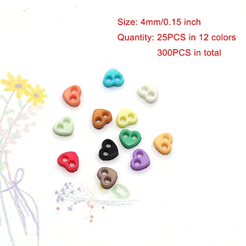 300pcs Tiny Plastic Heart-Shaped Buttons 4mm(5/32") 2 Hole Mini Resin Round Button for Dolls Clothing Sewing Accessories DIY Hand Sewing AIDS Doll Clothes (12 Colors Mixed)