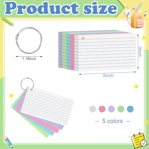250 Count Colored Index Cards 3x5 Inch Flash Cards Note Cards with Ring - color: Multicolor-250 Count, size: 3x5