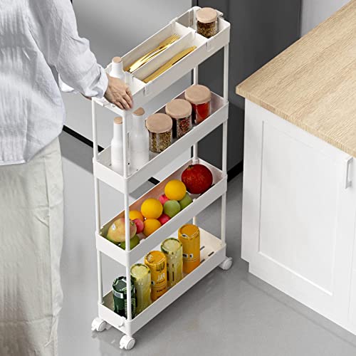 SPACELEAD Slim Storage Cart 4 Tier,Bathroom Organizer Rolling Utility, Mobile Shelving Unit Slide Out for Office, Kitchen, Laundry Room & Narrow Places,White - color: White