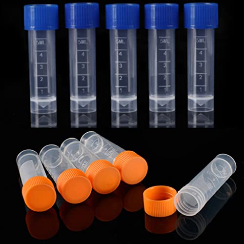 50 Pack 5ml Cryo Tubes,Plastic Graduated Vial Tube with Screw Caps,Small Test Sample Bottles Tubes Container with Lid,PP Material ,with Silica Gel Gasket (51) Bagged Orange