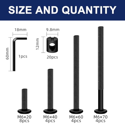 M6 Furniture Screws Assortment Kit - Black Flat Head Socket Cap Screws and Barrel Nuts, 4 Lengths (20/40/60/70mm) with Allen Wrench, 20 Sets - color: Black, size: M6 Kit