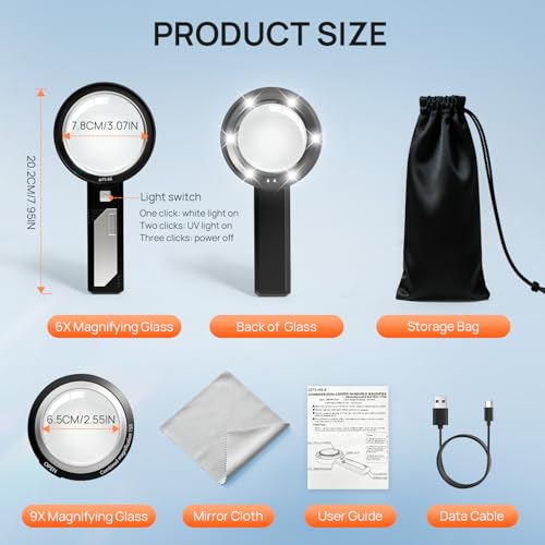 MLOGIROA Rechargeable Handheld Magnifier with LED & UV Light, 6X 9X 15X - color: Handheld Magnifier With Led
