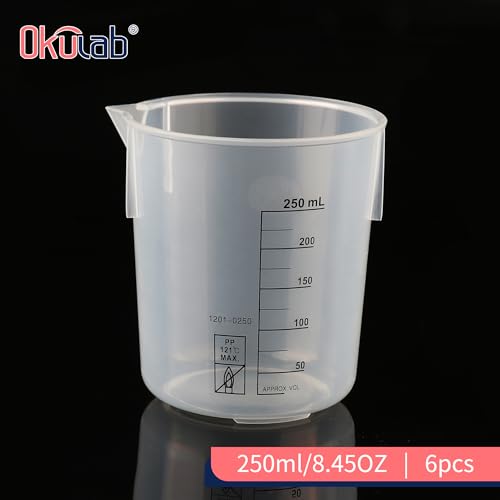 6 Pcs Plastic Beaker Set, 6pcs of 250ml(8.45oz) Black Graduated Beakers, Lab Beakers Plastic Measuring Cup with Dump Spout and Stacked Side Ribs, Suitable for Mixing and Measuring, BKLP250A6