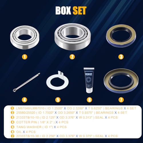 XiKe 25580 25520 & LM67048 LM67010 Trailer Bearings Wheel Hub Kit, 4 Sets - size: 25580/20 & LM67048/10 + Seal ID 2.125'' & 2.250'', style: Pack 4 Set