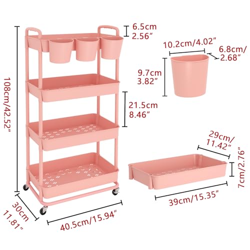 JIUYOTREE 4-Tier Plastic Rolling Storage Cart Utility Cart with Extra Hanging Cups Handles Lockable Wheels for Living Room Bathroom Kitchen Office Pink - color: Pink, size: 4-Tier