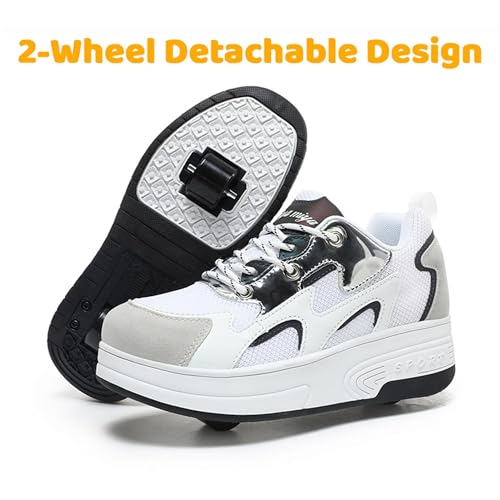 Wooowyet Roller Skate Shoes for Kids Boys Girls Rechargealbe Wheels Sneakers Fashion Roller Wheeled - color: Mesh White, size: 6 Big Kid