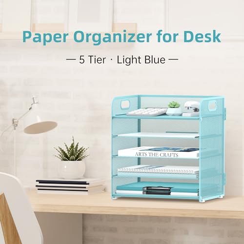 SUPEASY 5 Tier Desk Organizer with Handle, Mesh Paper/File Organizer for Desk, Paper Tray Organizer for Office Supplies, Light Blue - color: Blue