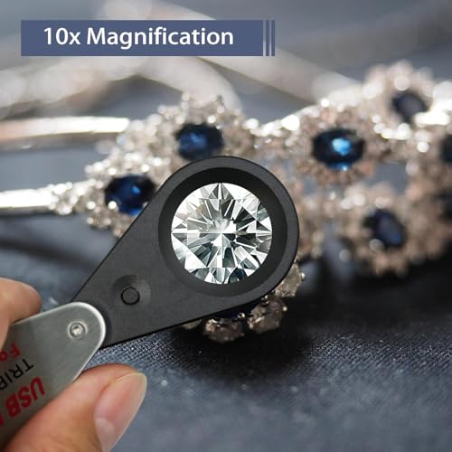 10X Rechargeable Jewelers Loupe Magnifier with UV & LED Lights, Four Types of Light, 22mm Triplet Lens, Pocket Eye Loupe Jewelry Loop Magnifying Glass for Diamond, Gemstone, Currency, Coins, Stamps - size: 10x Silver
