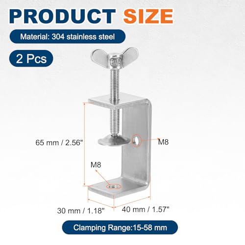HARFINGTON 2Pcs 304 Stainless Steel C Clamps 65mm with Press Screw,Silver - size: 65mm