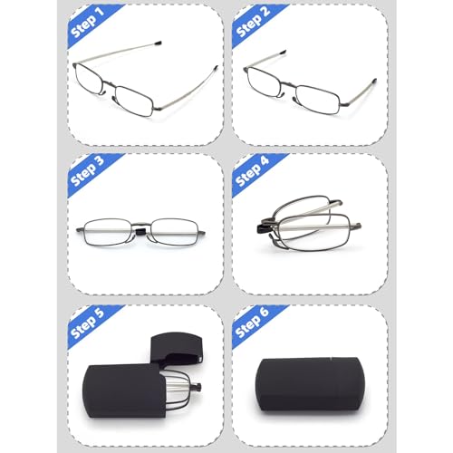 HIGHLIKE Hard Cases Folding Reading Glasses, Pocket Wallet Purse Compact Spring Hinge Readers, Transparent Clear Lens - color: C6, 2 Black 2 Gunmetal