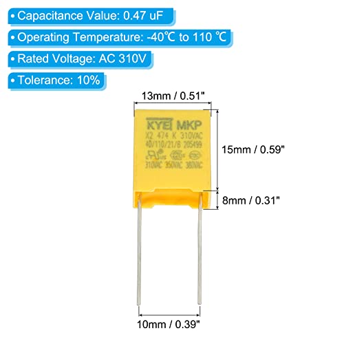 PATIKIL Safety Capacitors, 10 Pack 0.47uF AC 310V 10mm Pin Pitch 13x15x8mm Polypropylene Film Capacitor Assortment Kit for DIY Electronic Products - style: 0.47 uF