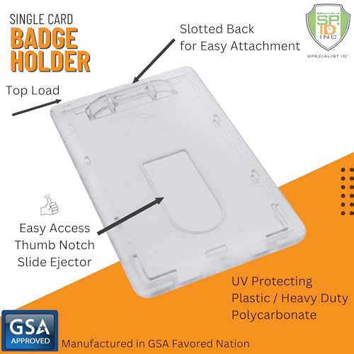Slim Heavy Duty Badge Holders - Hard Plastic Clear Polycarbonate (Holds 1 Card) - Rigid Top Load Single Card Case - Vertical with Easy Access Thumb Slide Hole and ID Protection by Specialist ID - size: 1 Sold Individually