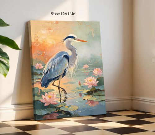 Framed Blue Heron Wall Art,Heron and Lotus Flower Pictures Wall Decor - color: Framed Blue Heron Wall Art