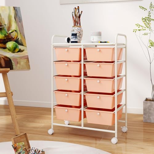 COSTWAY 10 Drawer Rolling Storage Cart, Utility Cart with Lockable Wheels - color: Peach, size: 10 Drawer