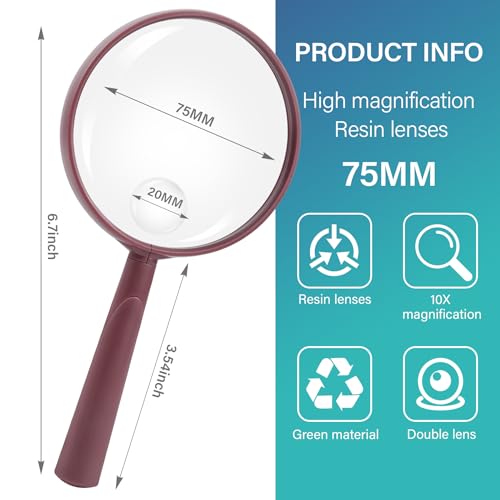 Feosky Handheld Reading Magnifier, 10X Magnifier, 75mm Shatterproof Lens, Adults Close Work Non-Slip Handle for Seniors Reading and Nature Exploration (Wine Red) - color: Wine Red, size: 75mm