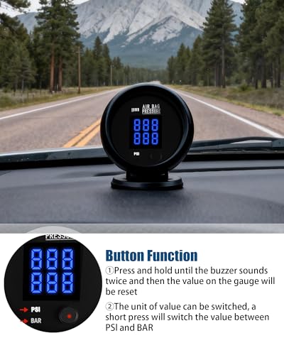 Air Pressure Gauge Dual Display Air Suspension Gauge 220PSI Digital LED Display 12V/24V DC Air Ride Pressure Gauges with 1/8NPT Sensor Kit 2-1/16" (52mm) for Air Ride Suspension Systems - color: Blue, size: Dua-Display