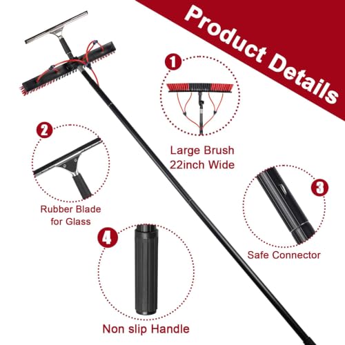 30FT Solar Panel Cleaning Brush & Squeegee Kit, Proffesional Window Washing Tool, 22in Wide Brush & 2 Dusting Brush, Water Fed Pole, Extendable Telescopic Pole for Roof Mounted Solar Panels - size: 30ft