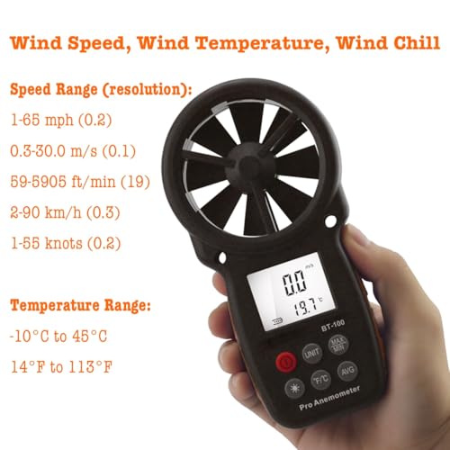BT-100 Handheld Anemometer, Digital Wind Speed CFM Meter, Air Flow Velocity Tester Gauge Wind Meter for HVAC Duct Outdoor Shooting Drone, Wind Chill, HVAC Barometer