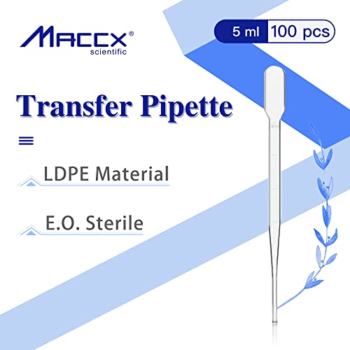 100pcs Sterile Transfer Pipettes, Vol. 5ml, 2ml Graduated, 155mm Long, Essential Oils Pipettes, Low-Density Polyethylene Material, Individual Peel-Pack, TPP5155-100 - style: Vol.5ml