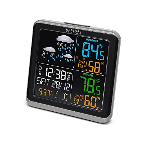 Explore Scientific Home Weather Station Radio Controlled Alarm Clock with Color Display and Remote Sensor